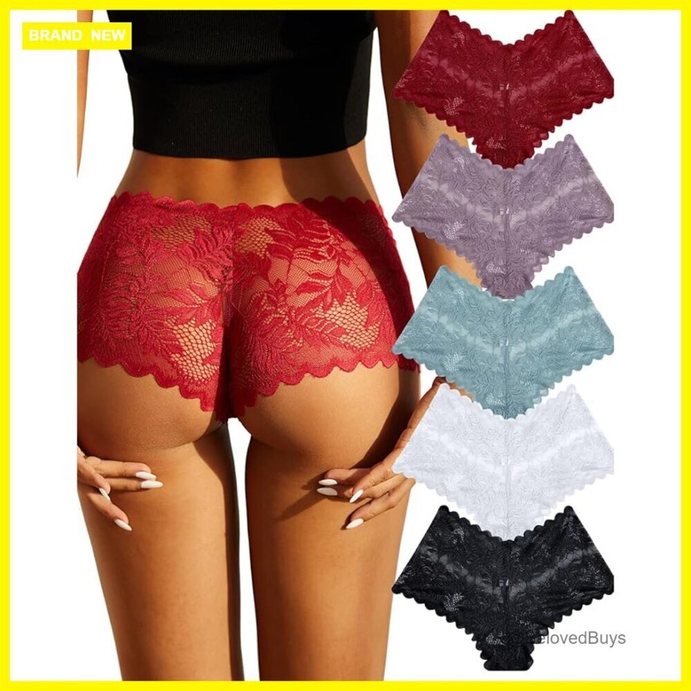 5 Pack Lace Boyshort Panties, V-Waist French Cut, Size Large